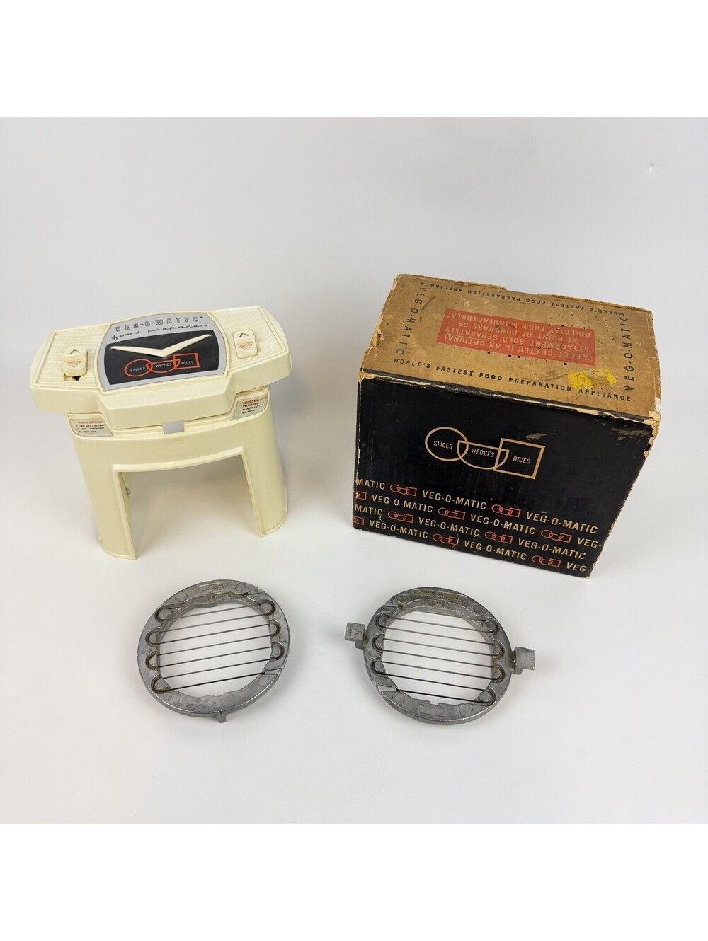 VINTAGE 1961 VEG-O-MATIC #707 FOOD PREPARER SLICE & DICE ORIGINAL BOX & BLADES